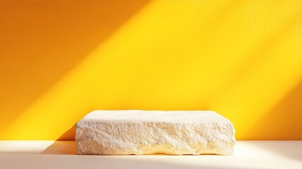 Minimalist Mockup of Textured Sandstone Podium on Gradient Yellow Background with Soft Light Beams