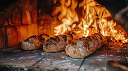 Fototapeta premium Bread being baked in a traditional brick oven, with flames and heat visible