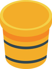 Round wooden bucket with metal rings is standing on white background