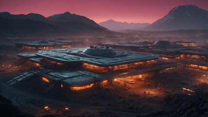 Cartoon illustration, huge space architecture of military base beautifully lit in the evening, wallpaper