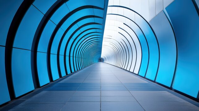 Fototapeta A modern tunnel design with vibrant blue lighting creates an immersive and captivating atmosphere for travelers or murals.