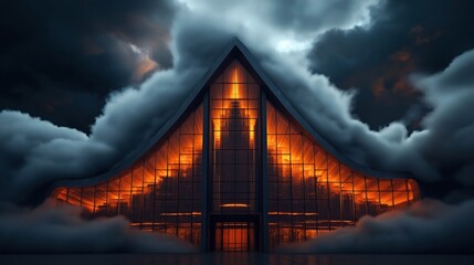 Fototapeta premium Modern glass building with a glowing orange interior set against a dramatic, cloudy sky. The structure has an angular design and is partially surrounded by fog.