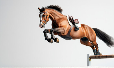 A powerful horse gracefully leaps over an obstacle, showcasing its athleticism and elegance in equestrian sports.