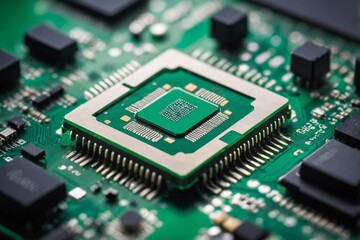 Close-up of microchip mounted on circuit board with green hues