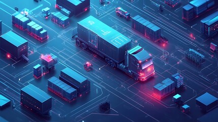 Semi-truck transporting cargo containers on a futuristic digital network.