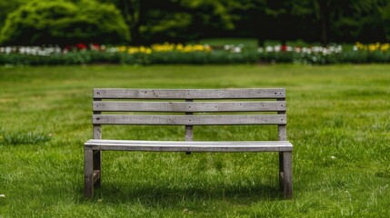 Serene Wooden Bench Amidst Blooming Flowers in a Lush Green Field, inviting tranquility and reflection, perfect for enjoying nature's beauty in a peaceful setting.