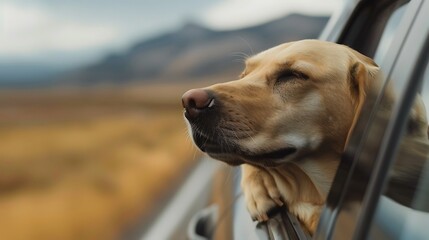 A dog enjoying a car ride with its head out the window, symbolizing freedom and joy.