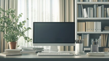 A Modern Workspace featuring a Computer and a Stylish Bookshelf for an Inspiring Environment
