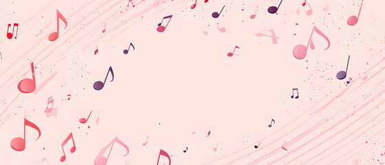 A vector illustration of a music notes banner, featuring a fresh pink color palette. The notes are stylized and float along curved lines that frame a central white space for text