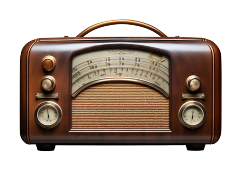 a brown wooden radio with dials and dials