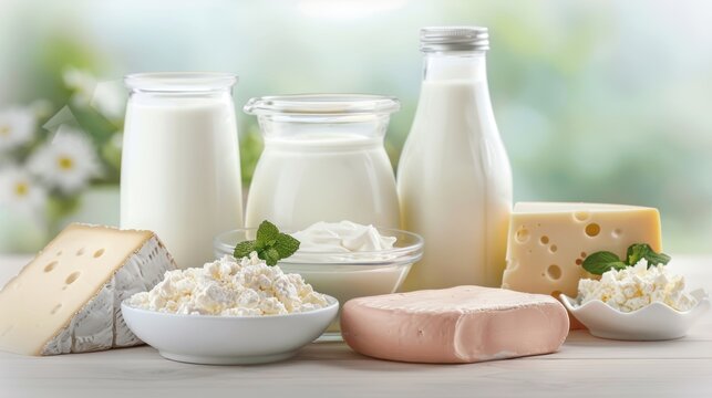 A delightful display of assorted dairy products including milk, cheese, and cream, perfect for culinary inspiration.
