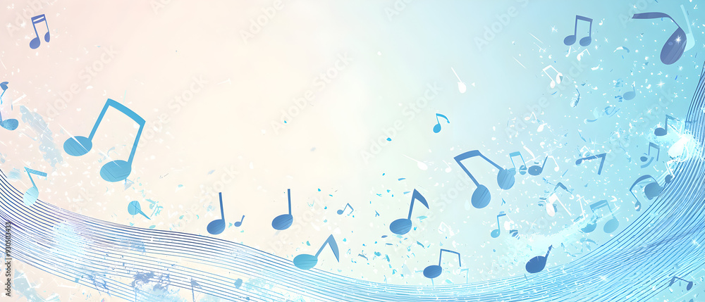 Poster a vector illustration of a music notes banner, featuring a fresh blue color palette. the notes are s