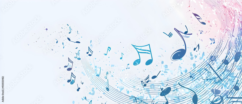 Poster a vector illustration of a music notes banner, featuring a fresh blue color palette. the notes are s