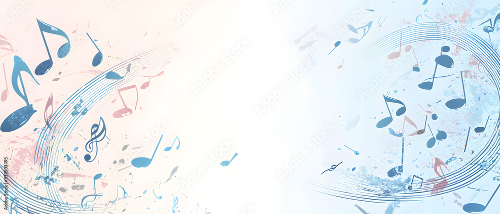 Poster a vector illustration of a music notes banner, featuring a fresh blue color palette. the notes are s