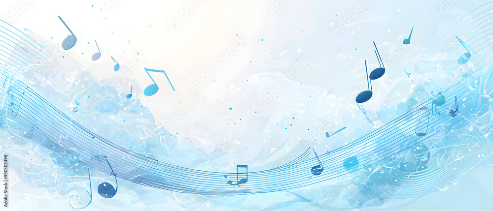 Poster a vector illustration of a music notes banner, featuring a fresh blue color palette. the notes are s