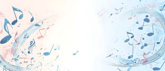 Naklejka premium A vector illustration of a music notes banner, featuring a fresh blue color palette. The notes are stylized and float along curved lines that frame a central white space for text