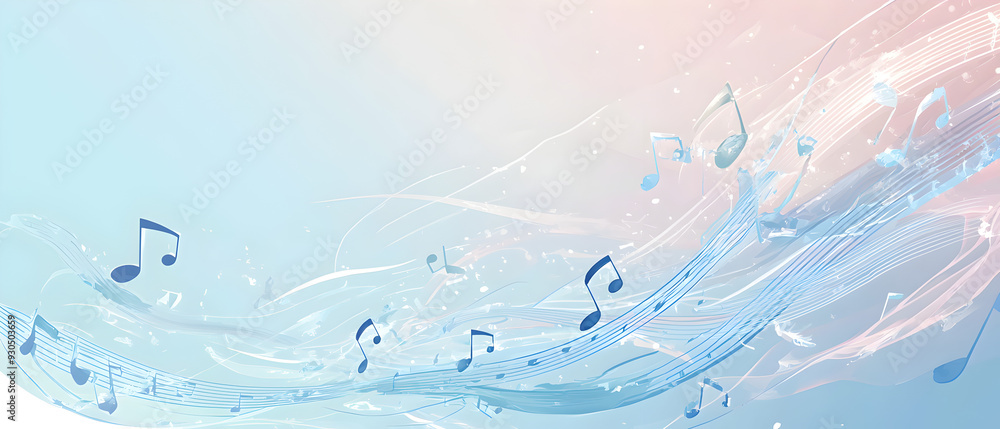 Poster a vector illustration of a music notes banner, featuring a fresh blue color palette. the notes are s