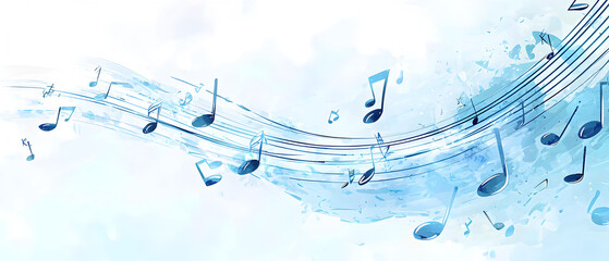 A vector illustration of a music notes banner, featuring a fresh blue color palette. The notes are stylized and float along curved lines that frame a central white space for text