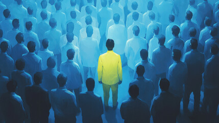 A solitary figure in a vibrant yellow suit stands out in a sea of faceless individuals, symbolizing uniqueness and individuality.