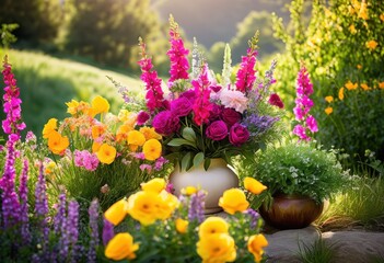 Obraz premium lush colorful floral arrangements set peaceful serene landscape natural elements soft background, bouquet, blooms, blossoms, garden, flowers, foliage