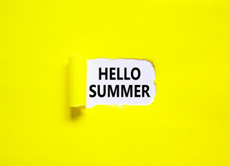 Hello summer symbol. Concept words Hello summer on beautiful white paper. Beautiful yellow paper background. Business lifestyle Hello summer concept. Copy space.
