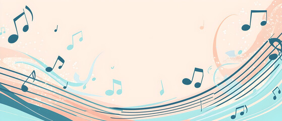 A vector illustration of a music notes banner, featuring a fresh red color palette. The notes are stylized and float along curved lines that frame a central white space for text