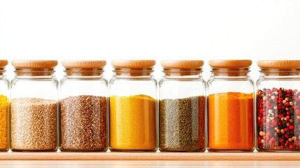 Colorful spice and seed jars neatly lined up on wooden shelves create an organized and vibrant display in a simple, minimalist style