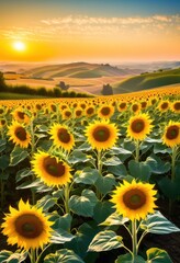 vibrant sunflower field sunrise glistening dew creating stunning natural landscape, nature, flowers, bloom, petals, yellow, sky, horizon, sunlight, morning