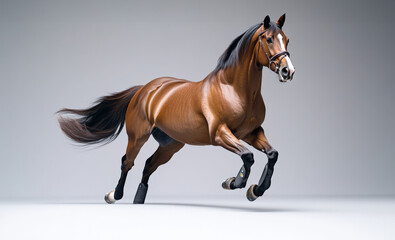 Obraz premium A stunning brown horse in mid-gallop, showcasing its strength and elegance against a simple backdrop.