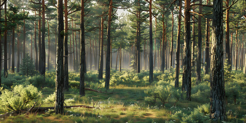 A serene forest landscape with tall trees and lush vegetation, showcasing the beauty and tranquility of nature and early morning view background.