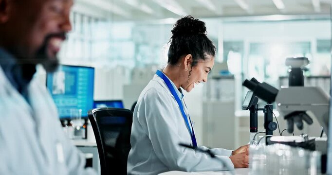 Science, people and communication with microscope in laboratory for medical research, discovery and clinical breakthrough. Man, woman and biotechnology for innovation, biological experiment and study