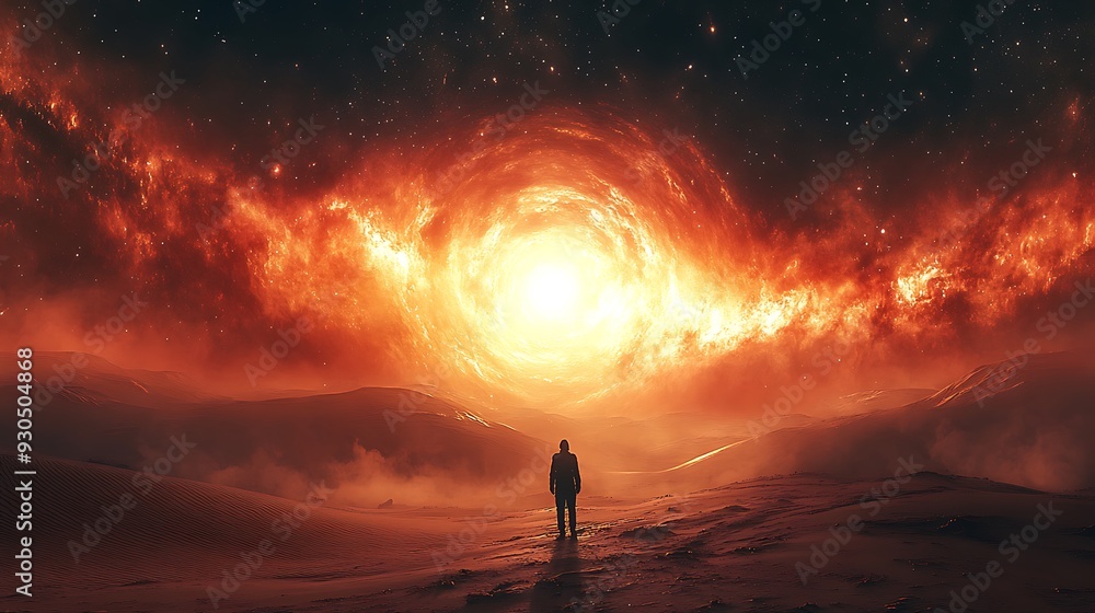 Poster exploring the edge of the universe - captivating view of traveler by distant supernova in sandy dese