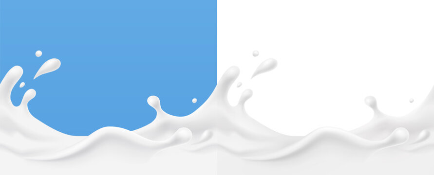 Milk splash seamless patterns set. 3d realistic yogurt wave borders on blue and white backgrounds. Vector milky package designs