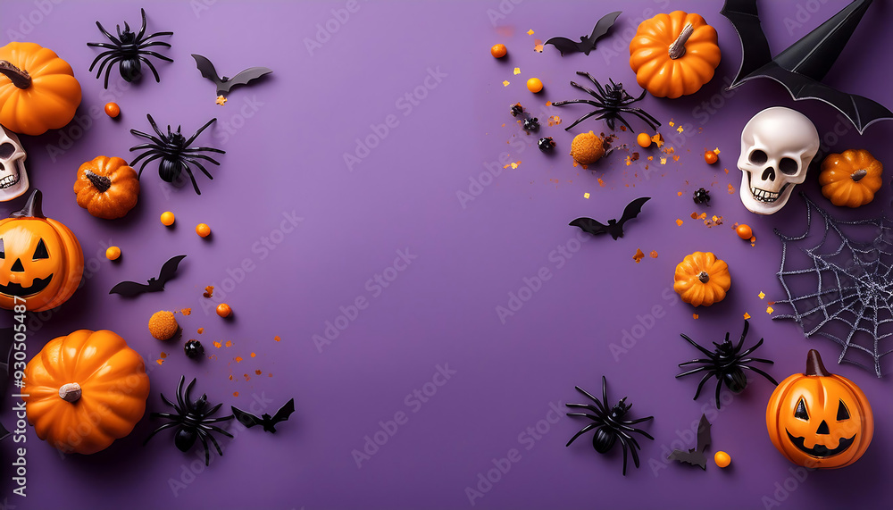 Wall mural halloween decorations violet background including pumpkins bats spiders skeletons confetti arranged 