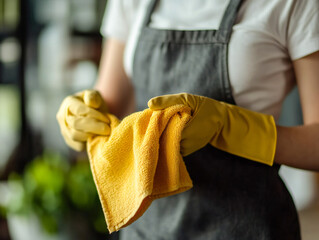 Household cleanliness, woman wearing apron and protective gloves work cleaning, using microfiber cloth to remove dust Hygiene cleaning tool