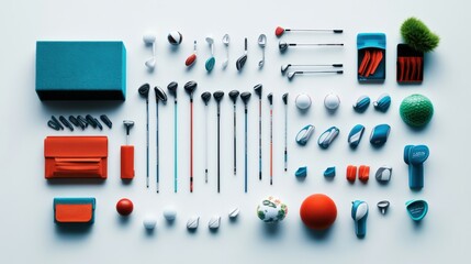 Fototapeta premium A vibrant arrangement of various golf equipment and accessories displayed on a clean surface, emphasizing color and organization.