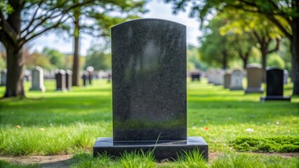A solemn black gravestone standing in a cemetery, symbolizing death and loss