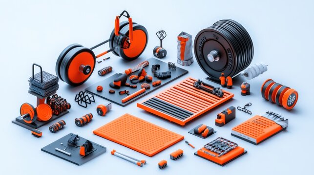 A vibrant collection of weightlifting equipment displayed in orange and black colors, ideal for fitness enthusiasts and gym promotion. - Powered by Adobe