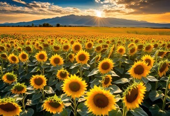 vibrant sunflower field bursting bright colors rich details under clear blue sky, nature, landscape, bloom, petals, green, summer, beauty, outdoor