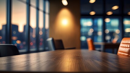 Modern Office Interior with Wooden Desk in Focus
