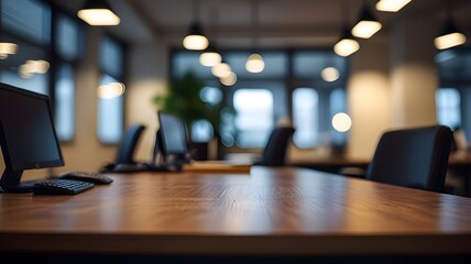 Modern Office Interior with Wooden Desk in Focus