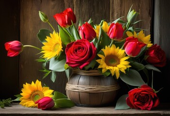 Fototapeta premium vibrant colorful floral arrangements displayed textured backgrounds artistic home decor, flowers, design, nature, aesthetics, style, petals, blooms, visuals