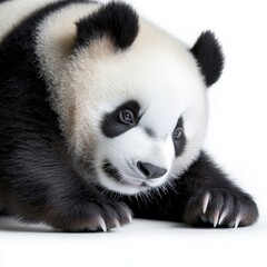 Fototapeta premium Charming panda resting gracefully, showcasing its unique black and white fur, a symbol of wildlife conservation and beauty.