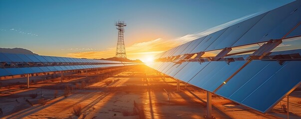 Fototapeta premium Aerial View of a Solar Thermal Power Plant with Mirrors Focusing Sunlight on a Central Tower