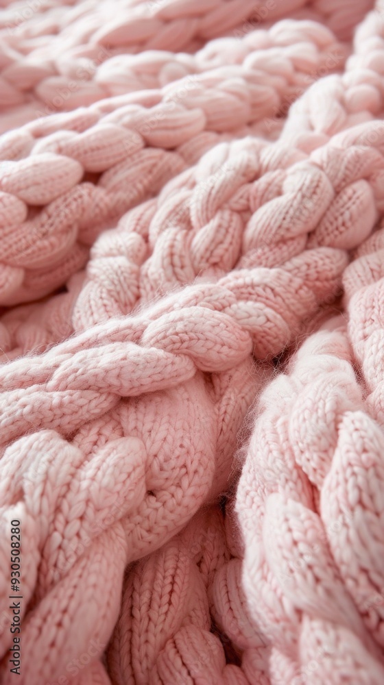 Poster The soft pink oversized knit fabric features intricate braided patterns, adding warmth and texture to the cozy atmosphere of the room