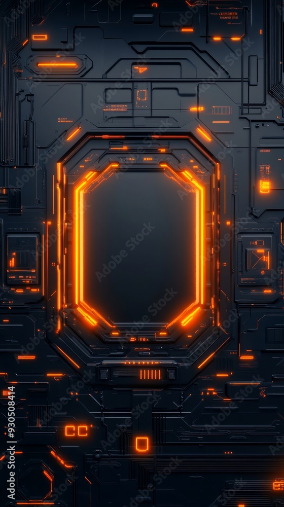 Poster futuristic background showing glowing orange lights and empty space in center