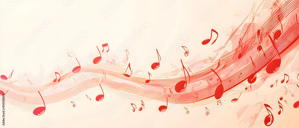 Poster a vector illustration of a music notes banner, featuring a fresh red color palette. the notes are st