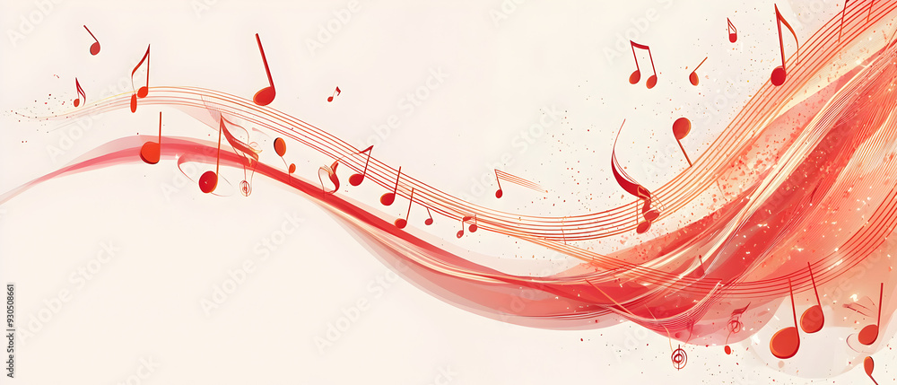 Poster a vector illustration of a music notes banner, featuring a fresh red color palette. the notes are st