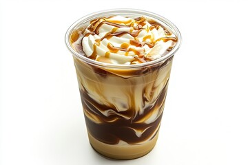 Iced caramel macchiato in a plastic cup, showing the beautiful swirls of coffee, milk, and caramel isolated. Generative Ai