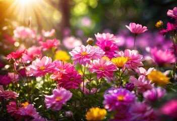 Fototapeta premium vibrant blooming flowers captured dynamic motion blur showcasing colorful petals lush greenery, blossom, nature, garden, flora, spring, beauty, landscape